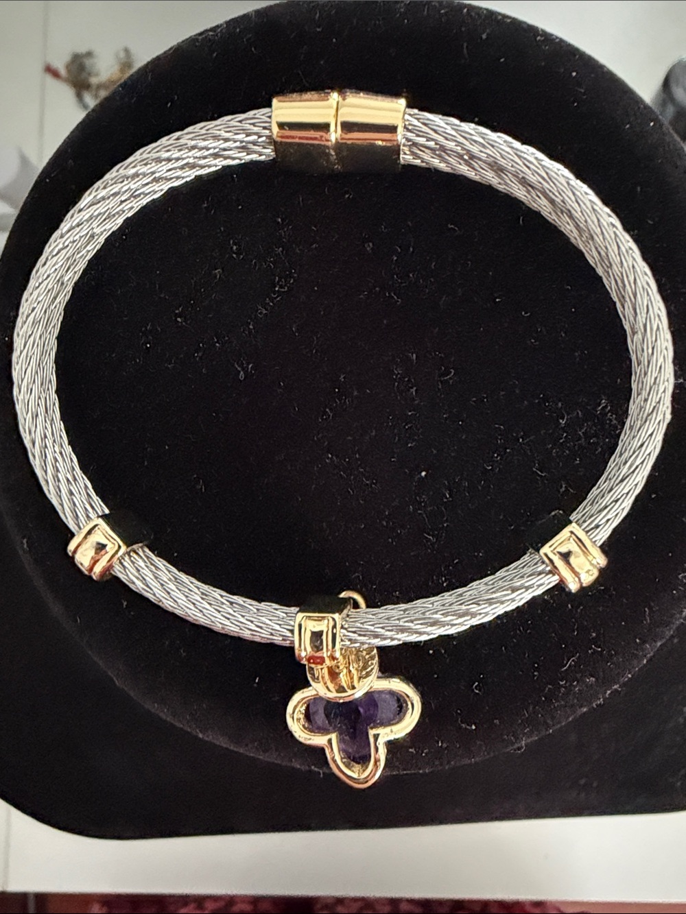 Gold & Silver Tone Cable Bracelet with Purple Clover Charm
